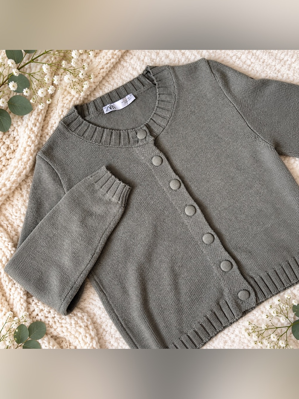 ZARA Moss Green Button-Front Knit Cardigan